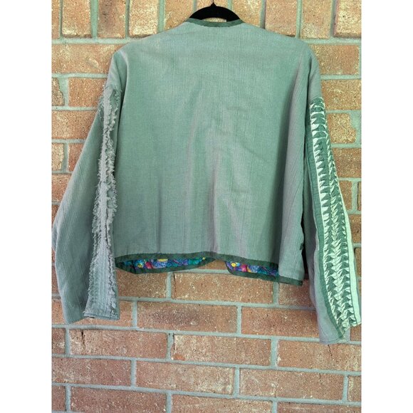 Handmade Green Boho Kimono Jacket With Colorful Patchwork Applique Details - Picture 11 of 13